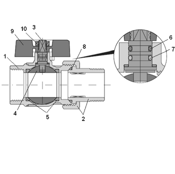 Эскиз Кран шаровой BVR-F Danfoss 1/2″ Ду15 Ру40 полнопроходной, никелированный, внутренняя резьба/″американка″, ручка-бабочка (065B8203)
