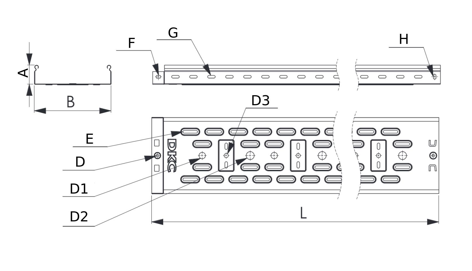 Лотки листовые DKC перфорированные 50-500х50 L2000-3000 толщина 0,7-1 мм, корпус сталь