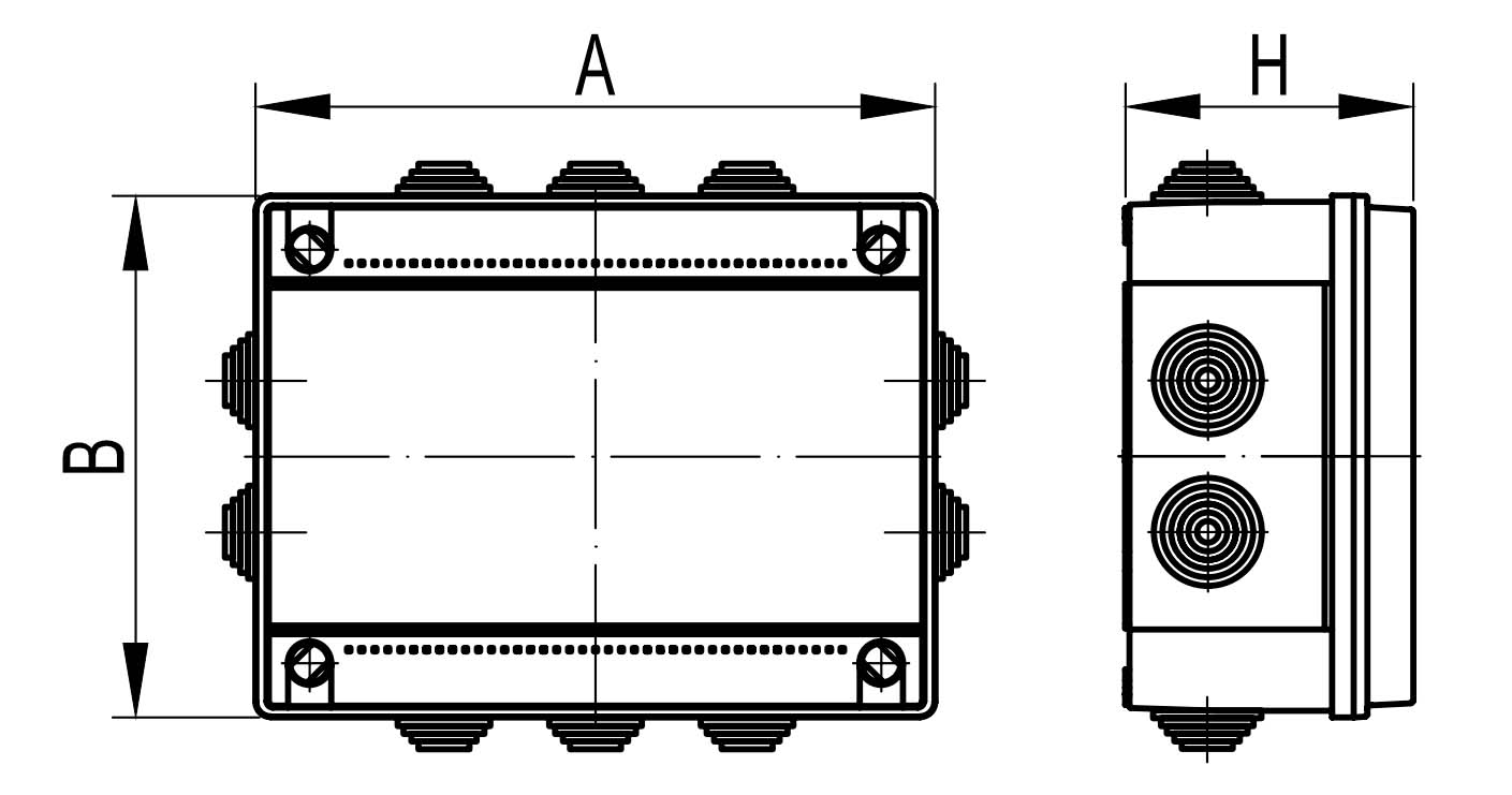 Коробки ответвительные DKC огнестойкие с гладкими стенками 6 вводов, 4 полюса, IP56