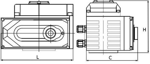 Краны шаровые DN.ru BV3232P(2pc)-FP-3WT-F-ISO-H Ду25-50 Ру16 HYMT, трехходовые T-тип, полнопроходные, фланцевые, материал корпуса - нержавеющая сталь SS316, с электроприводом E34-N-EM-O1-220VAC-У1