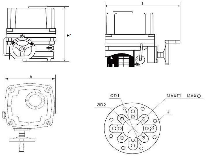 Затворы дисковые поворотные DN.ru WBV1616E-2W-Fb-H Ду100-150 Ру16 корпус - чугун QT450, диск - чугун QT450, уплотнение - EPDM, межфланцевые, с электроприводом 1/4-оборотным Dn.ru QT-EX-EM-O1-220VAC-У1 220В 