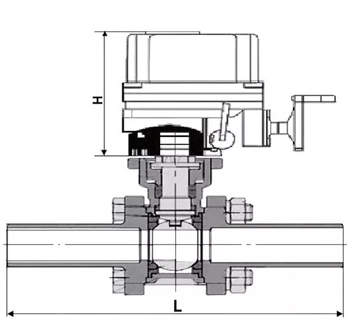 Кран шаровой DN.ru BV3131P(3pc)-FP-W-ISO-H LONG Ду10 Ру63 полнопроходной, корпус - нержавеющая сталь 304, уплотнение - PTFE, под приварку, с 1/4-оборотным электроприводом взрывозащищенным DN.ru QT-EX-010EM-O2-220VAC-У1 220В