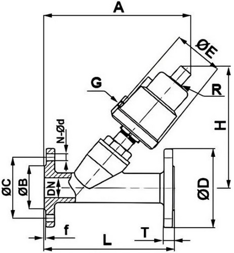 Клапаны отсечные пневматические DN.ru VSP3231P-F-1PNC Ду15-100 Ру25, корпус - нержавеющая сталь CF8M (AISI 316), фланцевые, Y-образные, корпус привода - нержавеющая сталь CF8 (AISI 304)