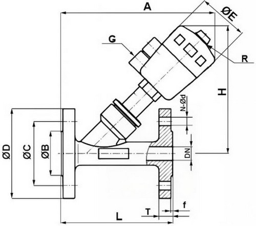 Клапаны отсечные пневматические DN.ru VSP3241P-F-1PNC Ду15-100 Ру25, корпус - нержавеющая сталь CF8M (AISI 316), фланцевые, Y-образные, корпус привода - пластик