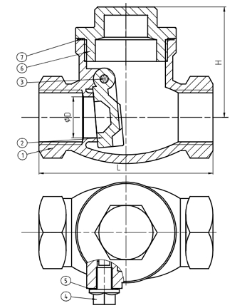 Эскиз Клапан обратный поворотный DN.ru-SCV-316 1 1/4ʺ Ду32 Ру16 резьбовой из нержавеющей стали