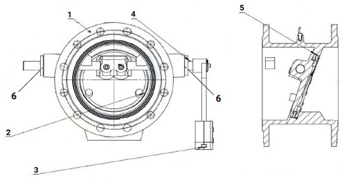 Клапан обратный DN.ru VCD1414E-F Ду100 Ру10 поворотный, корпус - чугун GGG50, диск - чугун GGG50, уплотнение - EPDM, присоединение - фланцевое, с наклонным диском и противовесом