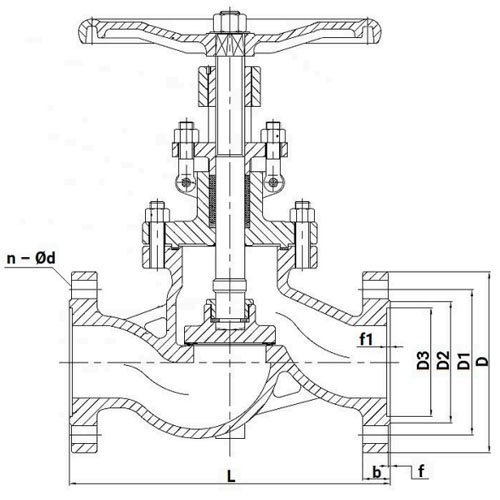 Клапаны запорные сальниковые 15нж22нж DN.ru VSO3131M-F-S Ду15-100 Ру40, фланцевые, корпус - нержавеющая сталь 304, диск - нержавеющая сталь 304, уплотнение - металл, со штурвалом