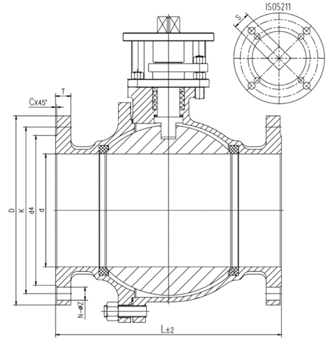 Кран шаровой DN.ru BV3232P(2pc)-FP-F-ISO-H Ду250 Ру16 полнопроходной двухходовой, нержавеющая сталь 316, фланцевое, уплотнение - PTFE, с ISO-фланцем и голым штоком, 27х27, F12/F14
