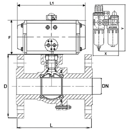 Кран шаровой DN.ru BV3232P(2pc)-FP-F-ISO-H Ду65 Ру16, фланцевый, полнопроходной, двухсоставной, корпус - нержавеющая сталь SS316, уплотнение - PTFE, с пневмоприводом PA-SA-105, с пневмораспределителем 4V320-10 220В, БПВ AFC2000