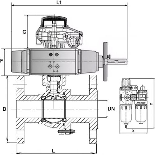 Кран шаровой DN.ru BV3232P(2pc)-FP-F-ISO-H Ду100 Ру16, полнопроходной фланцевый, нержавеющая сталь SS316, уплотнение - PTFE, с пневмоприводом PA-DA-105-1 двойного действия, с пневмораспределителем 4V320-08 220В, с БКВ APL-210N, с БПВ AFC2000