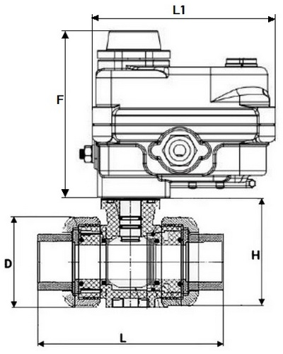 Кран шаровой DN.ru BV4242E-FP-GRM-ISO Дн25 Ру10 межфланцевый полнопроходной, клеевой с разборным муфтовым соединением, корпус - НПВХ, шар - НПВХ, уплотнение - EPDM, с электроприводом DN.ru QT-N-003EM-O1-220VAC-У1 blue
