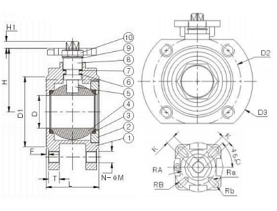 Эскиз Кран шаровой DN.ru BV3232P-FP-Fb Ду15 Ру16, корпус - нержавеющая сталь 316, уплотнение - PTFE, полнопроходной, межфланцевый, с ISO-фланцем и голым штоком,  19х19,  F07/F10