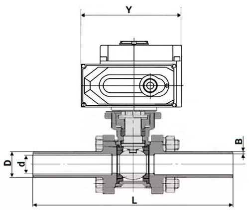 Краны шаровые DN.ru BV3232P(3pc)-FP-W-ISO-H LONG полнопроходные, под приварку, корпус - нержавеющая сталь SS316, уплотнение - PTFE, с 1/4-оборотным электроприводом QT-N-EM-O1-380VAC-У1 380В HARK