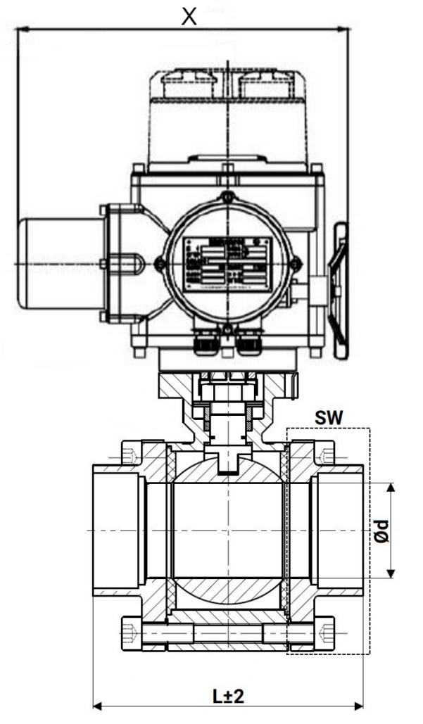 Кран шаровой DN.ru BV3232P(3pc)-FP-SW-ISO-H Ду65 Ру63 полнопроходной, корпус - нержавеющая сталь SS316, под приварку, с электроприводом взрывозащищенным DN.ru QT-EX-010M-O2-220VAC-У1 с моментной муфтой и штурвалом