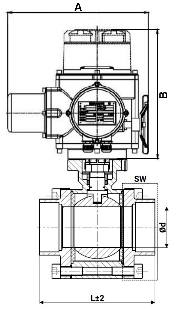 Кран шаровой DN.ru BV3232P(3pc)-FP-SW-ISO-H Ду80 Ру63 полнопроходной, корпус - нержавеющая сталь SS316, под приварку, с электроприводом DN.ru QT-N-015M-O2-220VAC-У1 с моментной муфтой и штурвалом