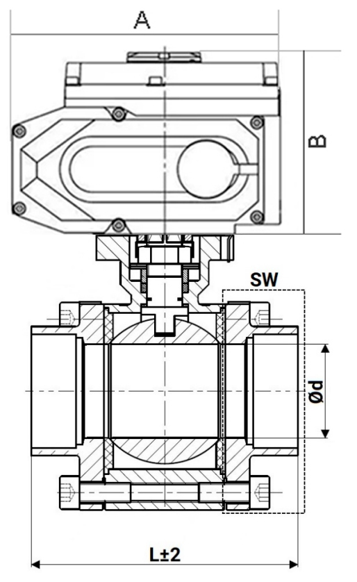 Кран шаровой DN.ru BV3232P(3pc)-FP-SW-ISO-H Ду80 Ру63 полнопроходной, корпус - нержавеющая сталь SS316, под приварку, с электроприводом DN.ru QT-N-015EM-A1-220VAC-У1 4-20мА HARK