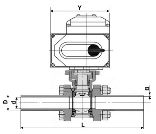 Кран шаровой DN.ru BV3131P(3pc)-FP-W-ISO-H LONG Ду15 Ру63 полнопроходной, под приварку, корпус - нержавеющая сталь SS304, уплотнение - PTFE, с 1/4-оборотным электроприводом QT-N-003EM-O1-24VDC-У1 24В HARK