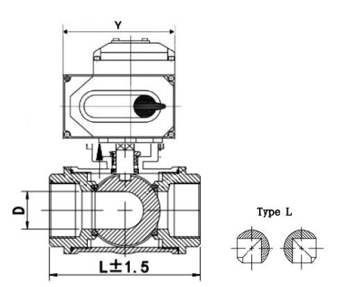 Кран шаровой DN.ru BV3232P(4pc)-SP-3WL-T-ISO-H Ду50 Ру63 3-ходовой L-тип стандартнопроходной, внутренняя резьба, корпус - нержавеющая сталь SS316, уплотнение - PTFE, с электроприводом DN.ru QT-N-020EM-O1-380VAC-У1 380В HARK