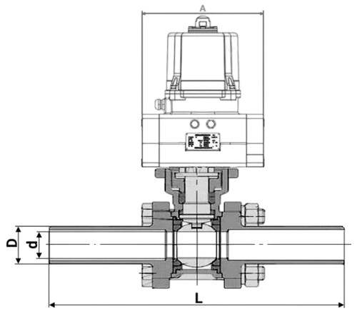 Кран шаровой DN.ru BV3232P(3pc)-FP-W-ISO-H LONG Ду32 Ру40 полнопроходной, под приварку, корпус - нержавеющая сталь SS316, уплотнение - PTFE, с электроприводом четвертьоборотным DN.ru QTSA-N-003EM-O0-220VAC