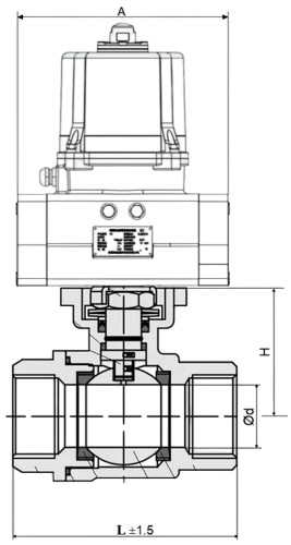 Кран шаровой DN.ru BV3232P(2pc)-FP-T-ISO-H Ду50 Ру63 полнопроходной, резьбовой, внутренняя резьба, корпус - нержавеющая сталь 316, уплотнение - PTFE, с электроприводом четвертьоборотным DN.ru QTSA-N-005EM-O0-220VAC