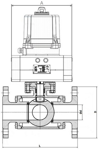 Кран шаровой DN.ru BV3232P(4pc)-FP-3WL-F-ISO-H Ду15 Ру16 полнопроходной трехходовой, фланцевый, корпус - нержавеющая сталь SS316, уплотнение - PTFE, с электроприводом четвертьоборотным DN.ru QTSA-N-003EM-O0-220VAC