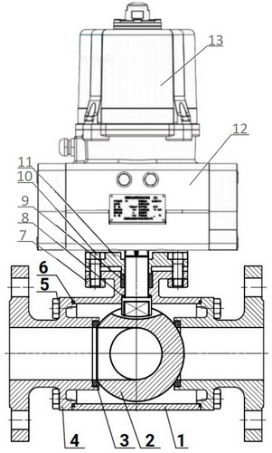 Кран шаровой DN.ru BV3232P(4pc)-FP-3WL-F-ISO-H Ду15 Ру16 полнопроходной трехходовой, фланцевый, корпус - нержавеющая сталь SS316, уплотнение - PTFE, с электроприводом четвертьоборотным DN.ru QTSA-N-003EM-O0-220VAC
