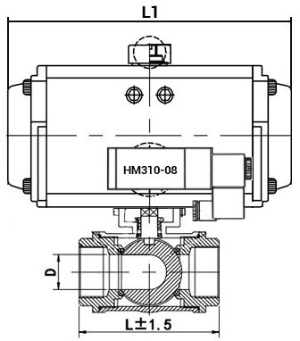 Кран шаровой нержавеющий 3-ходовой T-тип стандартнопроходной DN.ru RP.SS316.200.MM.080-ISO Ду80 Ру63 SS316 муфтовый c пневмоприводом DN.ru SA-105 c пневмораспределителем DN.ru 4M310-08 24В