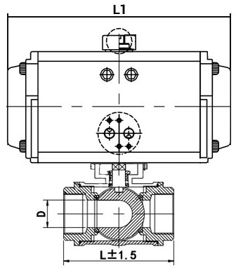 Кран шаровой нержавеющий 3-ходовой T-тип стандартнопроходной DN.ru RP.SS316.200.MM.080-ISO Ду80 Ру63 SS316 муфтовый c пневмоприводом DN.ru DA-083 двойного действия