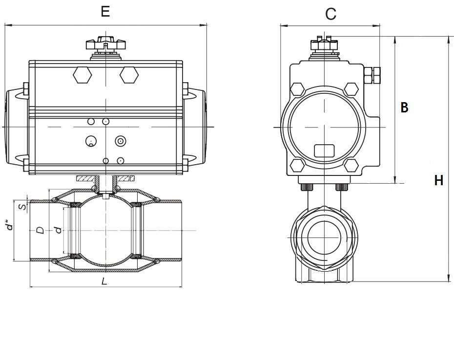 Кран шаровой ALSO КШ.П.Р.100.25-01 Ду100 Ру25 стандартнопроходной, под приварку, корпус - сталь 20, уплотнение - PTFE, управление - пневмопривод DN.ru PA-DA-105