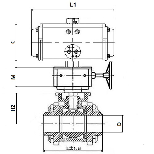 Кран шаровой DN.ru КШПП 316.200-ISO Ду40 Ру63 SS316 полнопроходной под приварку, корпус - нержавеющая сталь с пневмоприводом DN.ru SA-083 и ручным дублером HDM-2