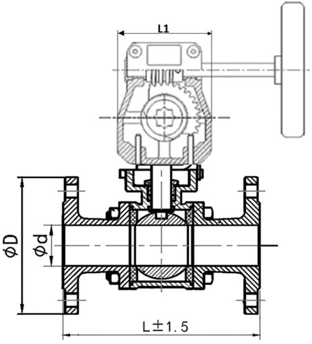 Кран шаровой DN.ru BV3131P(3pc)-FP-F-ISO-H Ду25 Ру40 трехсоставной из нержавеющей стали SS304, фланцевый, уплотнение - PTFE, полнопроходной с ISO-фланцем и редуктором DN.ru HGB RQN1-180Z с индикатором положения