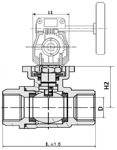 Краны шаровые DN.ru BV3232P(2pc)-FP-T-ISO-H Ду10-100 Ру63/40 полнопроходные с редуктором DN.ru HGB RQN-Z с индикатором положения