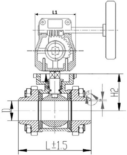 Кран шаровой DN.ru BV3232P(3pc)-FP-W-ISO-H Ду100 Ру25 полнопроходной двухходовой, нержавеющая сталь SS316, под приварку, уплотнение - PTFE, с ISO фланцем и редуктором DN.ru HGB RQN2-320Z с индикатором положения