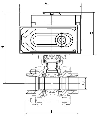 Кран шаровой ABRA BV-15 T-порт 3/8″ Ду10 Ру40 стандартнопроходной, трехходовой, нержавеющая сталь CF8M, уплотнение - PTFE, внутренняя резьба, с 3/4 оборотным электроприводом DN.ru ST-005 220В