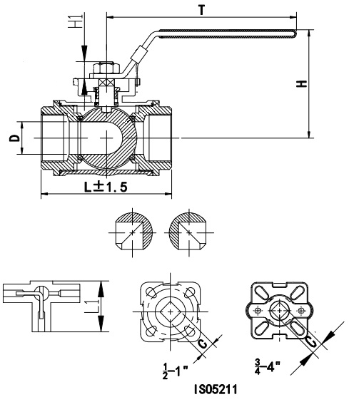 Кран шаровой DN.RU BV3232P-SP-3L-T-H Ду50 Ру63, 3-ходовой L-тип стандартнопроходной, муфтовый, материал корпуса - нержавеющая сталь SS316 с ISO фланцем и рукояткой