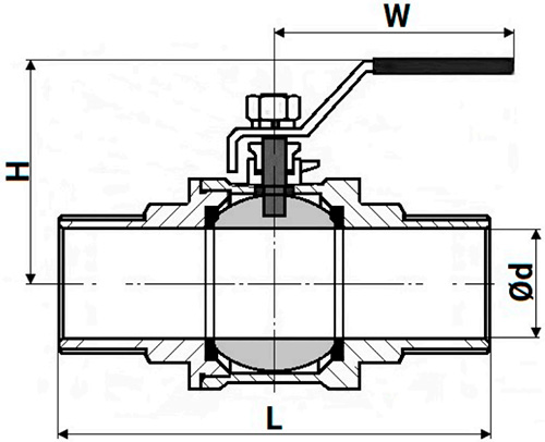 Кран шаровой DN.ru BV3131P(2pc)-FP-T-H НР/НР Ду15 Ру63 нержавеющая сталь AISI 304, полнопроходной, наружная резьба/наружная резьба, уплотнение - PTFE, ручка-рычаг