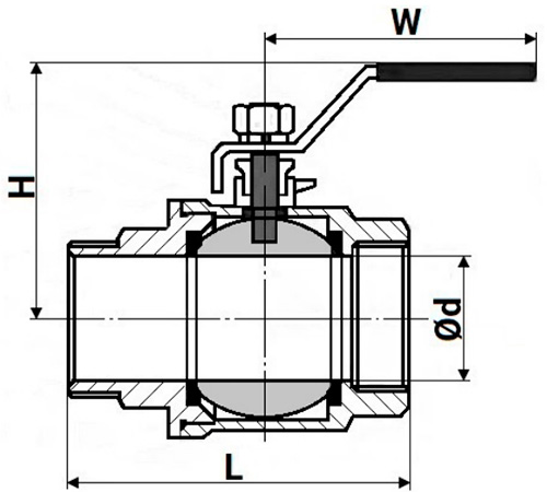 Кран шаровой DN.ru BV3131P(2pc)-FP-T-H ВР/НР Ду20 Ру63 нержавеющая сталь AISI 304, полнопроходной, внутренняя резьба/наружная резьба, уплотнение - PTFE, ручка-рычаг