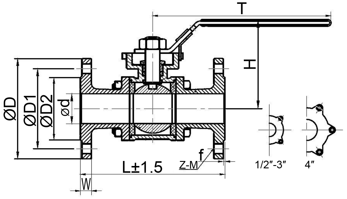 Кран шаровой DN.ru BV3131P(3pc)-FP-F-ISO-H Ду65 Ру25, полнопроходной, трехсоставной, сталь 304, уплотнение - PTFE, фланцевый, с ISO-фланцем