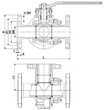 Краны шаровые DN.ru BV3131PPL(4pc)-FP-3WT-F-ISO-H Ду25 Ру16, трехходовые, полнопроходные, сталь 304, уплотнение - PPL, фланцевые, с ISO-фланцем и рукояткой