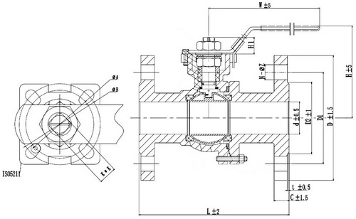 Кран шаровой DN.ru BV3232P(2pc)-FP-F-ISO-H Ду50 Ру16, корпус - нержавеющая сталь 316, уплотнение - PTFE, полнопроходной фланцевый с ISO-фланцем и рукояткой, 14х14, F05/F07, крутящий момент 50