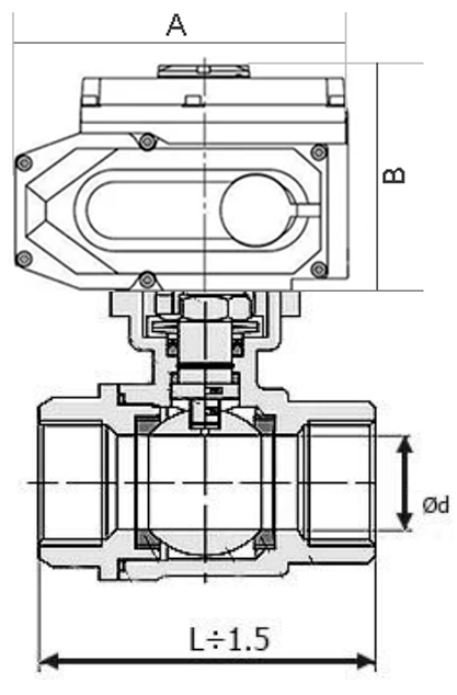 Кран шаровой DN.ru BV3232P(2pc)-FP-T-ISO-H 2 1/2″ Ду65 Ру40 полнопроходной, двухходовой, нержавеющая сталь 316, внутренняя резьба, уплотнение - PTFE, с электроприводом DN.ru QT-N-015EM-O1-220VAC-У1