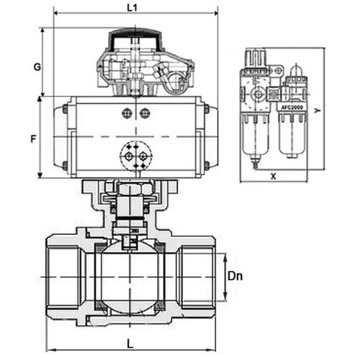 Кран шаровой DN.ru BV3232P(2pc)-FP-T-ISO-H Ду25 Ру63, полнопроходной внутреннняя резьба, нержавеющая сталь SS316, уплотнение - PTFE, с пневмоприводом PA-DA-052 двойного действия, с пневмораспределителем 4V320-08 220В, с БКВ APL-210N, с БПВ AFC2000