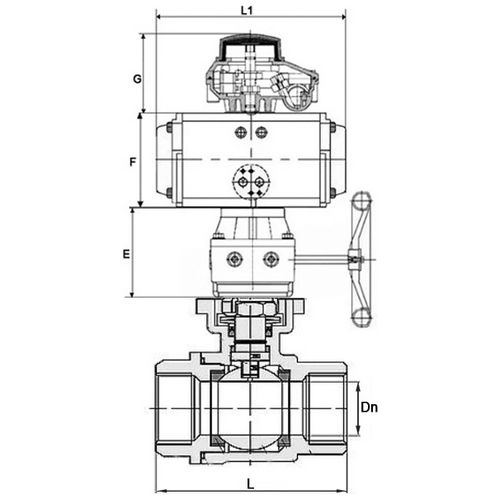 Кран шаровой DN.ru BV3232P(2pc)-FP-T-ISO-H 2 1/2“ Ду65 Ру40 полнопроходной двухходовой, нержавеющая сталь SS316, внутренняя резьба, уплотнение - PTFE, с пневмоприводом двойного действия DN.ru PA-DA-083, БКВ APL-410N EX и ручным дублером MON2-450-T28-ISO