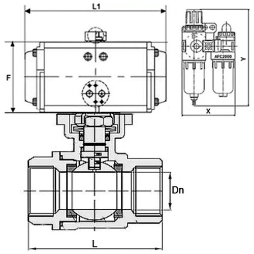 Кран шаровой DN.ru BV3232P(2pc)-FP-T-ISO-H Ду100 Ру40 полнопроходной, внутренняя резьба, нержавеющая сталь 316, уплотнение - PTFE, с пневмоприводом PA-DA-083, пневмораспределителем 4V320-10 220В, БПВ AFC2000
