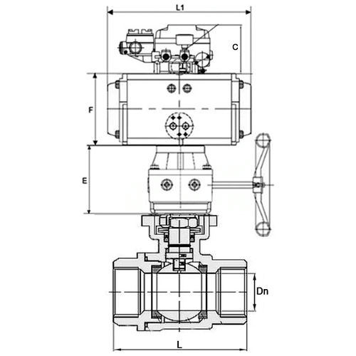 Кран шаровой DN.ru BV3232P(2pc)-FP-T-ISO-H Ду10 Ру63 полнопроходной, нерж. сталь SS316, внутренняя резьба, PTFE, с пневмоприводом PA-DA-065, ручным дублером MON1-250-T26-ISO и с эл.пневматич. поворотным позиционером YT-1000RSN с обратной связью