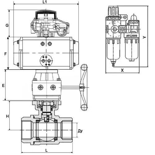 Краны шаровые DN.ru BV3232P(2pc)-FP-T-ISO-H Ду10-100 Ру63/40, внутренняя резьба, полнопроходные, нержавеющая сталь SS316, PTFE, с пневмоприводом PA-DA, пневмораспределителем 4V320-10 220В, БКВ APL-410N Ex, ручным дублером MON, БПВ AFC2000