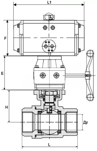 Кран шаровой DN.ru BV3232P(2pc)-FP-T-ISO-H Ду50 Ру63, внутренняя резьба, полнопроходной, нержавеющая сталь SS316, PTFE, с пневмоприводом PA-DA-065, пневмораспределителем 4V320-10 220В, ручным дублером MON1-250-T26-ISO