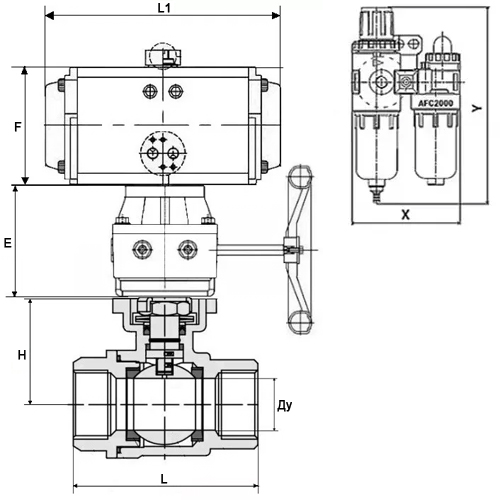 Кран шаровой DN.ru BV3232P(2pc)-FP-T-ISO-H Ду40 Ру63, внутренняя резьба, полнопроходной, нержавеющая сталь SS316, PTFE, с пневмоприводом PA-DA-065, пневмораспределителем 4V320-10 220В, ручным дублером MON1-250-T26-ISO, БПВ AFC2000