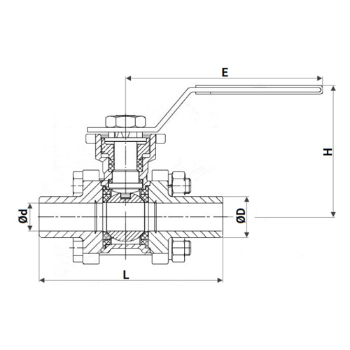 Краны шаровые DN.ru BV3232P(3pc)-FP-W-ISO-H Ду15-32 Ру63 полнопроходные, трехсоставные, корпус - нержавеющая сталь 316, уплотнение - PTFE, под приварку, с рукояткой, с ISO-фланецем, WDVF