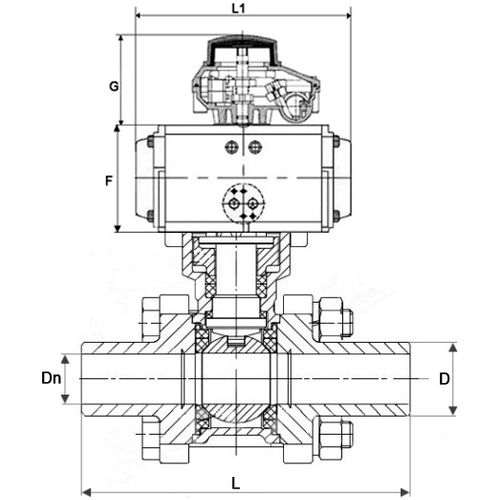Краны шаровые DN.ru BV3232P(3pc)-FP-W-ISO-H WDVF Ду15-32 Ру63 полнопроходные, корпус - нержавеющая сталь 316, уплотнение - PTFE, под приварку, с пневмоприводом PA-SA, БКВ APL-410N EX